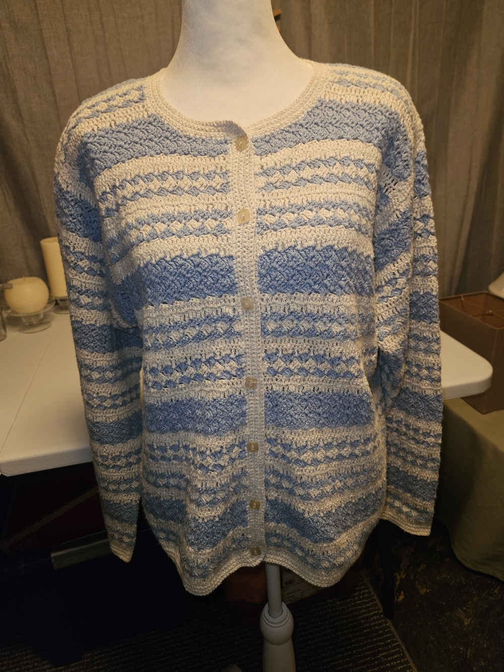 Women's Blue and Cream Button-Front Crewneck Cardigan